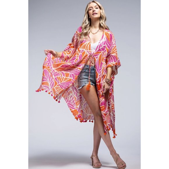 Tops - Chelsea Metallic Stripe Palm Leaf Tropical Coverup Open Wrap Kimono Top One Size